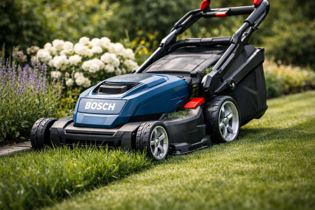 Mowing a lawn in Cornwall