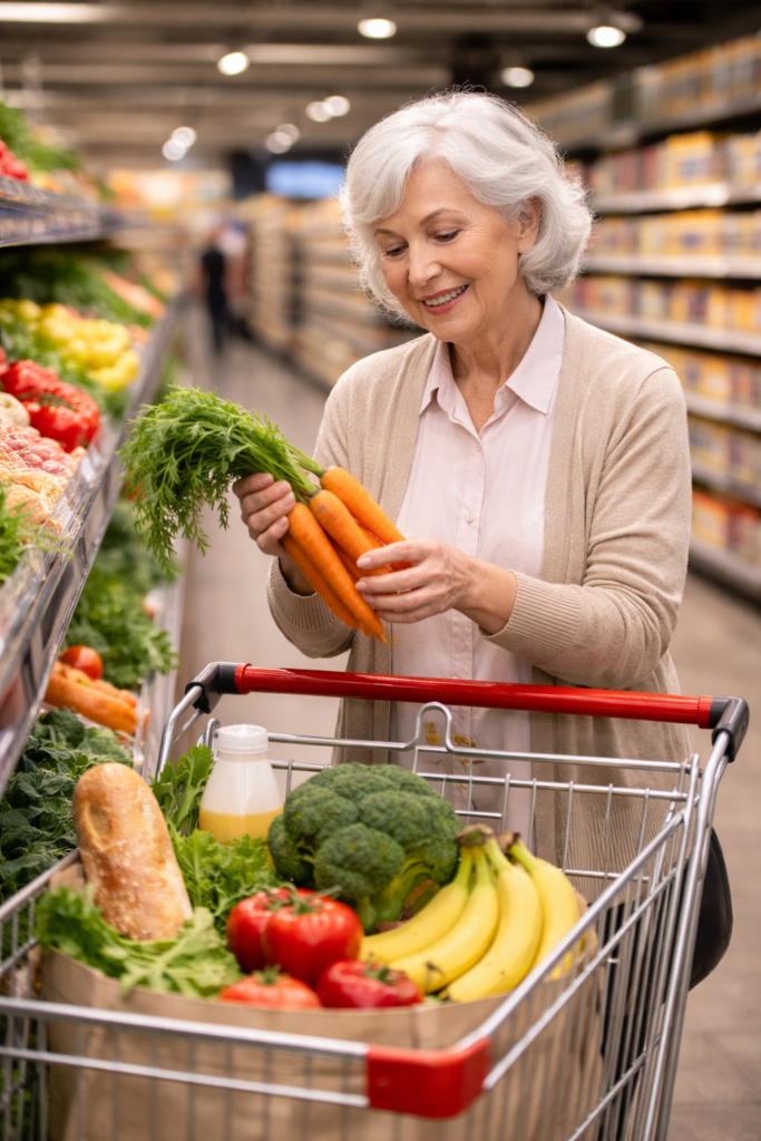 An elderly lady being supported in the supermarket